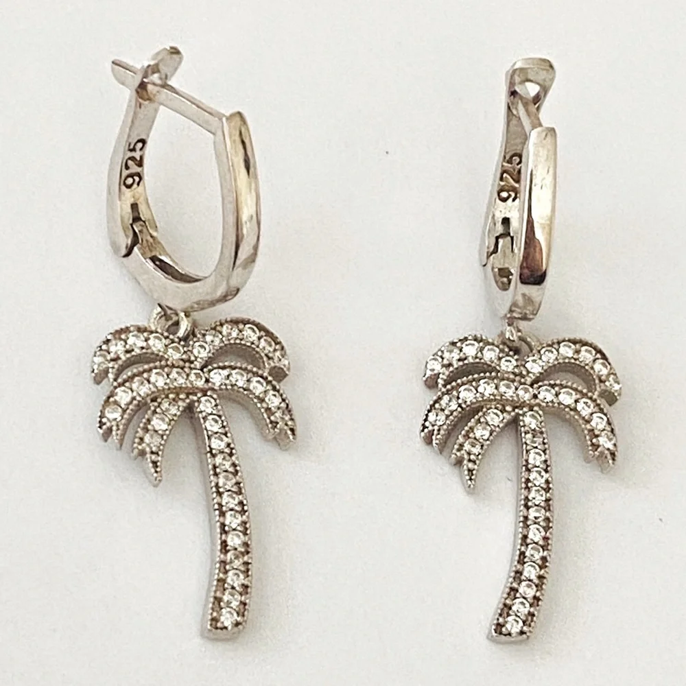 🌴925 Silver palm tree clear cubic zirconia cz stones dangling hoop earrings